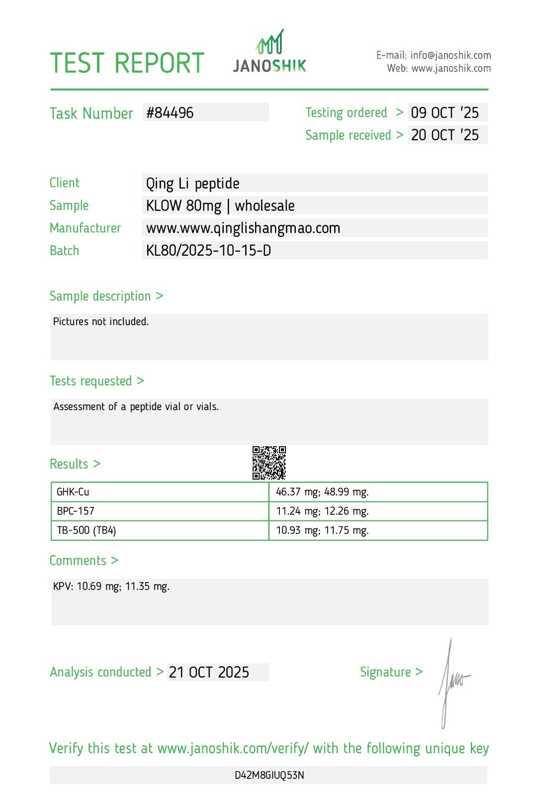 Certificate of Analysis for TB-500 5MG