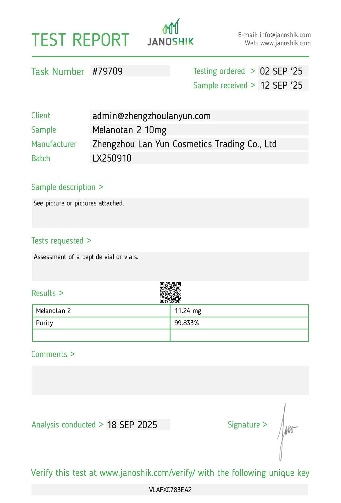 Certificate of Analysis for Melanotan 2 10MG